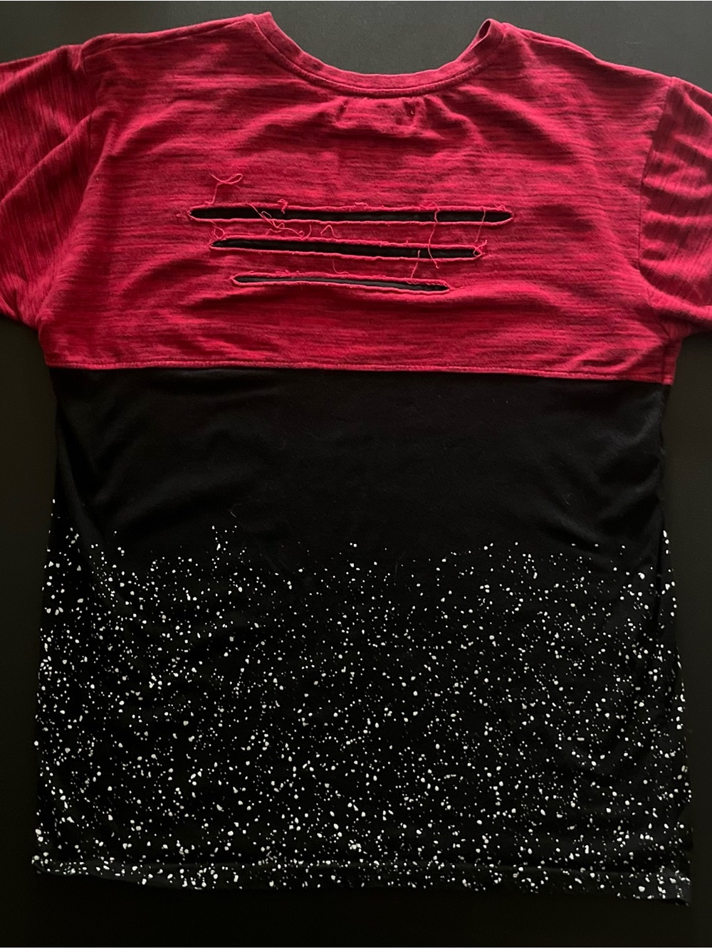 Men's Red and Black Short Sleeve Colorblock Tee with Distressed Detail - Picture 3 of 4
